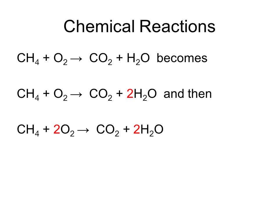 Chemical Reactions CH 4 + O 2 → CO 2 + H 2 O becomes CH 4 + O 2 → CO 2 + 2H 2 O and then CH 4 + 2O 2 → CO 2 + 2H 2 O