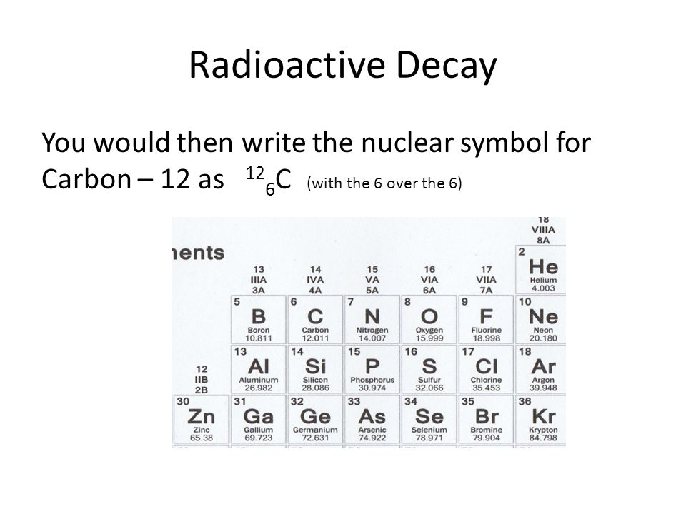 5 radioactive decay you would then write the nuclear symbol for carbon 12 as 12 6 c with the 6 over the 6 - Periodic Table Nuclear Symbol 5 radioactive decay you would then write the nuclear symbol for carbon 12 as 12 6 c with the 6 over the 6 - Periodic Table Nuclear Symbol