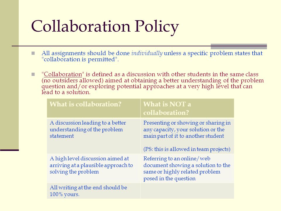 Collaboration Policy All assignments should be done individually unless a specific problem states that collaboration is permitted .