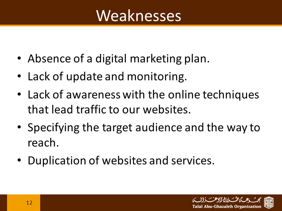 Weaknesses Absence of a digital marketing plan. Lack of update and monitoring.