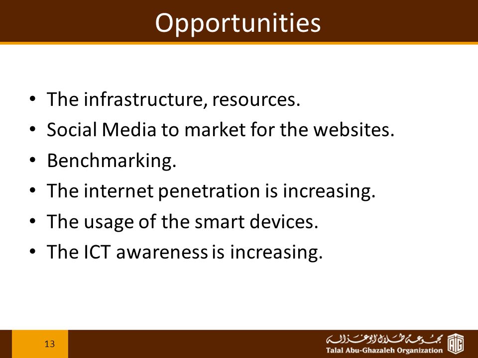 Opportunities The infrastructure, resources. Social Media to market for the websites.