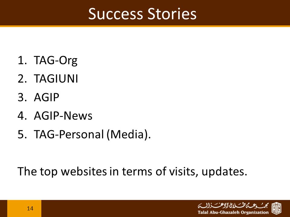 Success Stories 1.TAG-Org 2.TAGIUNI 3.AGIP 4.AGIP-News 5.TAG-Personal (Media).