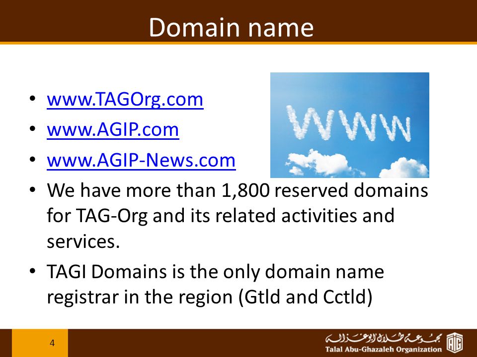 Domain name We have more than 1,800 reserved domains for TAG-Org and its related activities and services.
