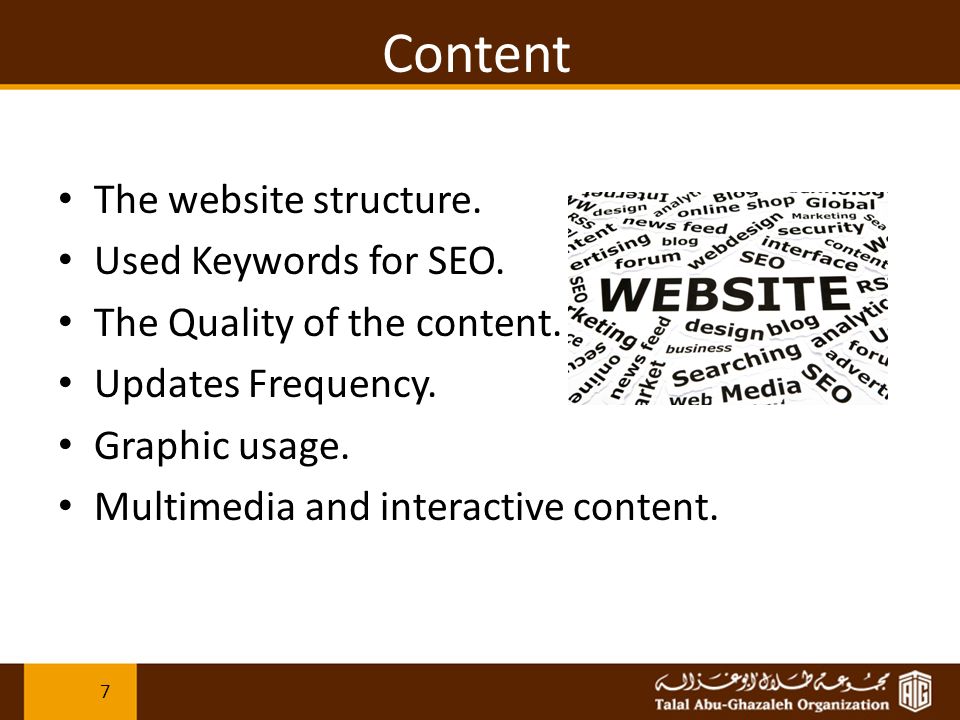 Content The website structure. Used Keywords for SEO.