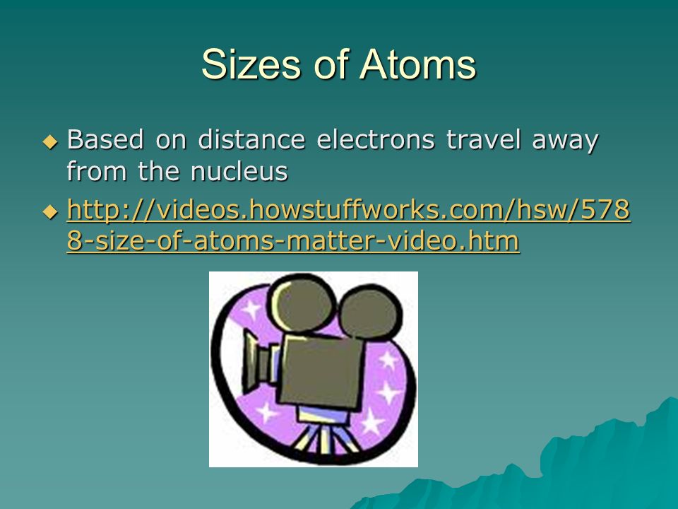 Sizes of Atoms  Based on distance electrons travel away from the nucleus    8-size-of-atoms-matter-video.htm   8-size-of-atoms-matter-video.htm   8-size-of-atoms-matter-video.htm