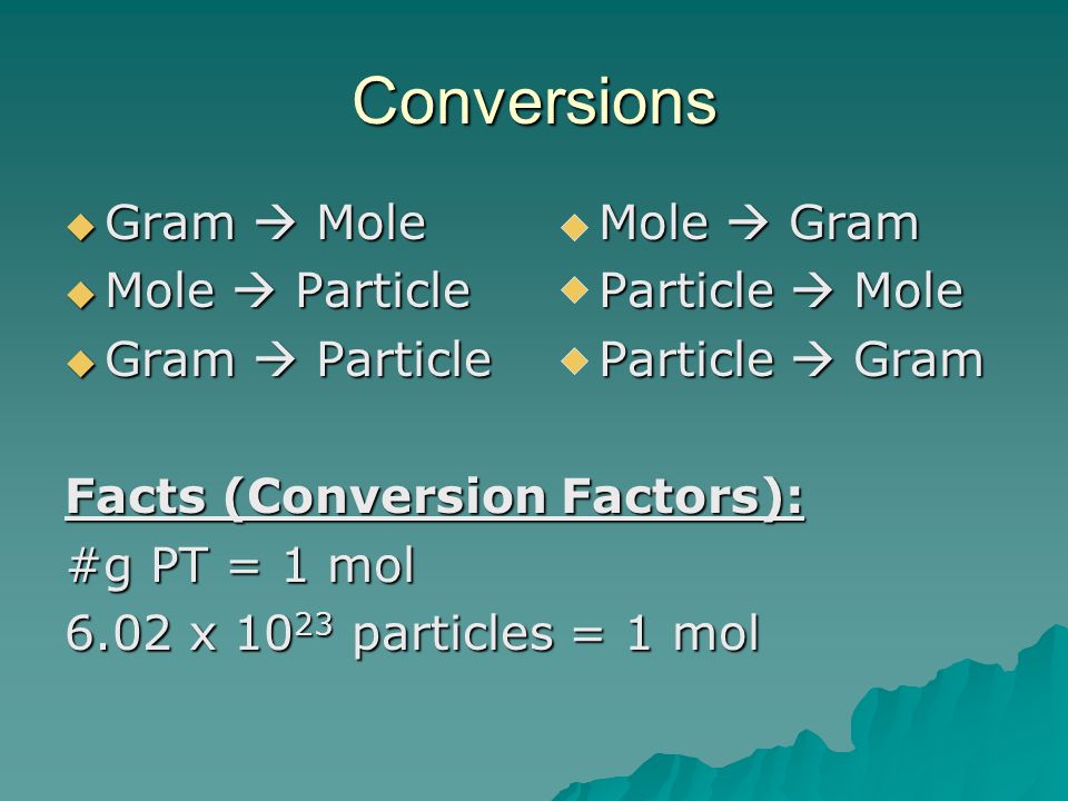 Conversions  Gram  MoleMole  Gram  Mole  ParticleParticle  Mole  Gram  ParticleParticle  Gram Facts (Conversion Factors): #g PT = 1 mol 6.02 x particles = 1 mol