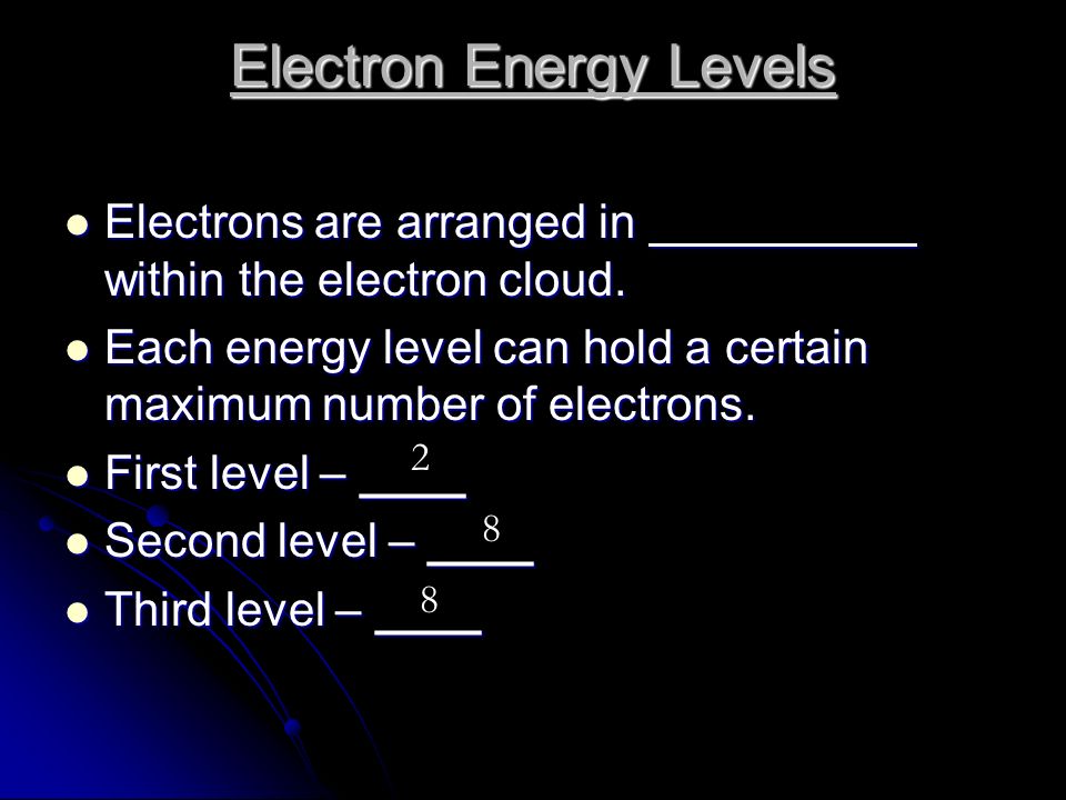 Electron Energy Levels Electrons are arranged in within the electron cloud.