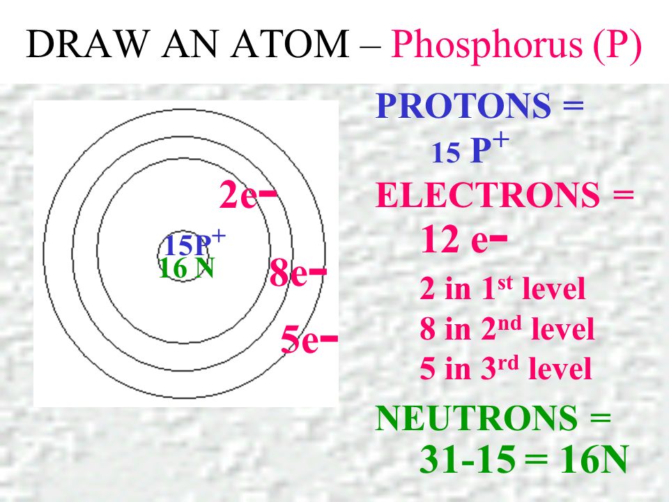 DRAW AN ATOM – Phosphorus (P) PROTONS = ELECTRONS = NEUTRONS = 15 P + 12 e - 2 in 1 st level 8 in 2 nd level 5 in 3 rd level = 16N 15P + 2e - 5e - 16 N 8e -