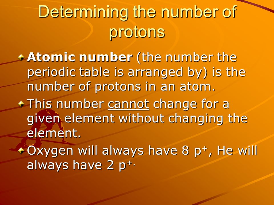Determining the number of protons Atomic number (the number the periodic table is arranged by) is the number of protons in an atom.
