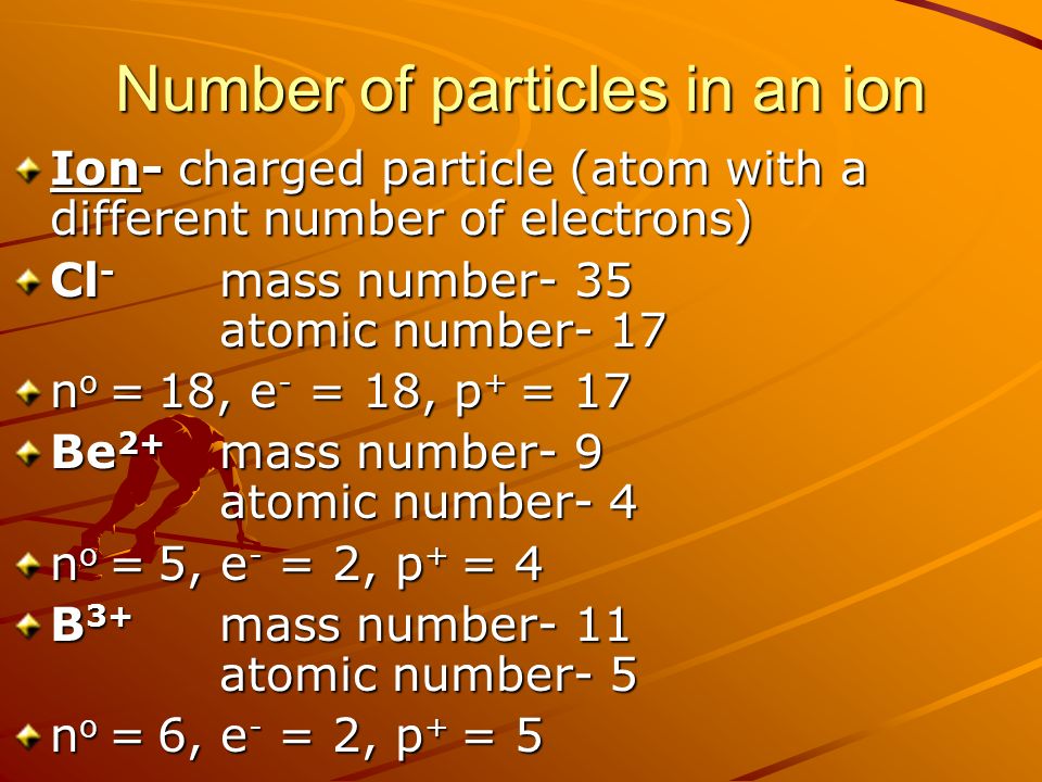 Number of particles in an ion Ion- charged particle (atom with a different number of electrons) Cl - mass number- 35 atomic number- 17 n o = 18, e - = 18, p + = 17 Be 2+ mass number- 9 atomic number- 4 n o = 5, e - = 2, p + = 4 B 3+ mass number- 11 atomic number- 5 n o = 6, e - = 2, p + = 5