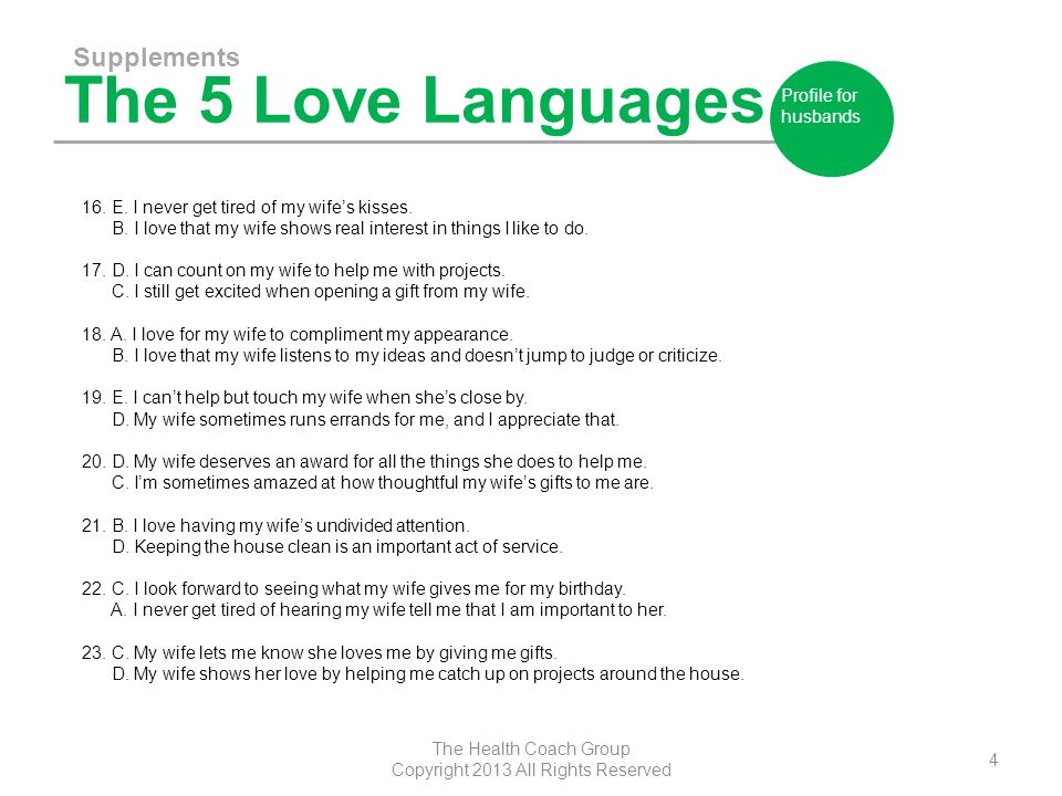The 5 Love Languages Supplements The Health Coach Group Copyright 2013 All Rights Reserved 4 Profile for husbands 16.