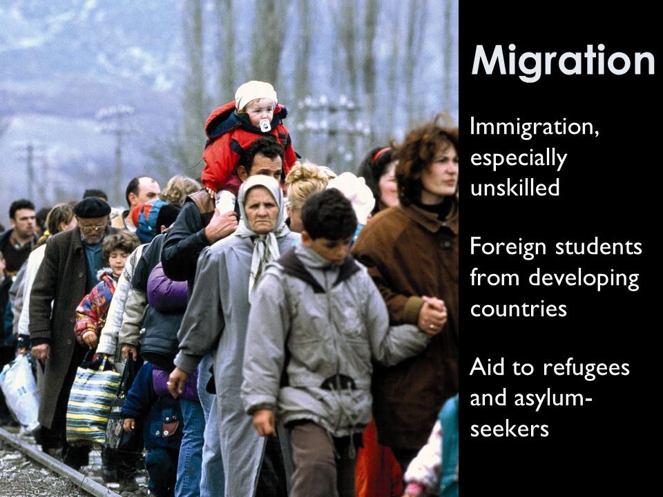 Migration Immigration, especially unskilled Foreign students from developing countries Aid to refugees and asylum- seekers