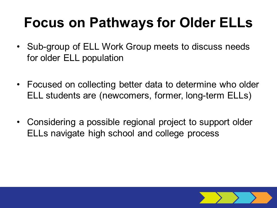 Focus on Pathways for Older ELLs Sub-group of ELL Work Group meets to discuss needs for older ELL population Focused on collecting better data to determine who older ELL students are (newcomers, former, long-term ELLs) Considering a possible regional project to support older ELLs navigate high school and college process