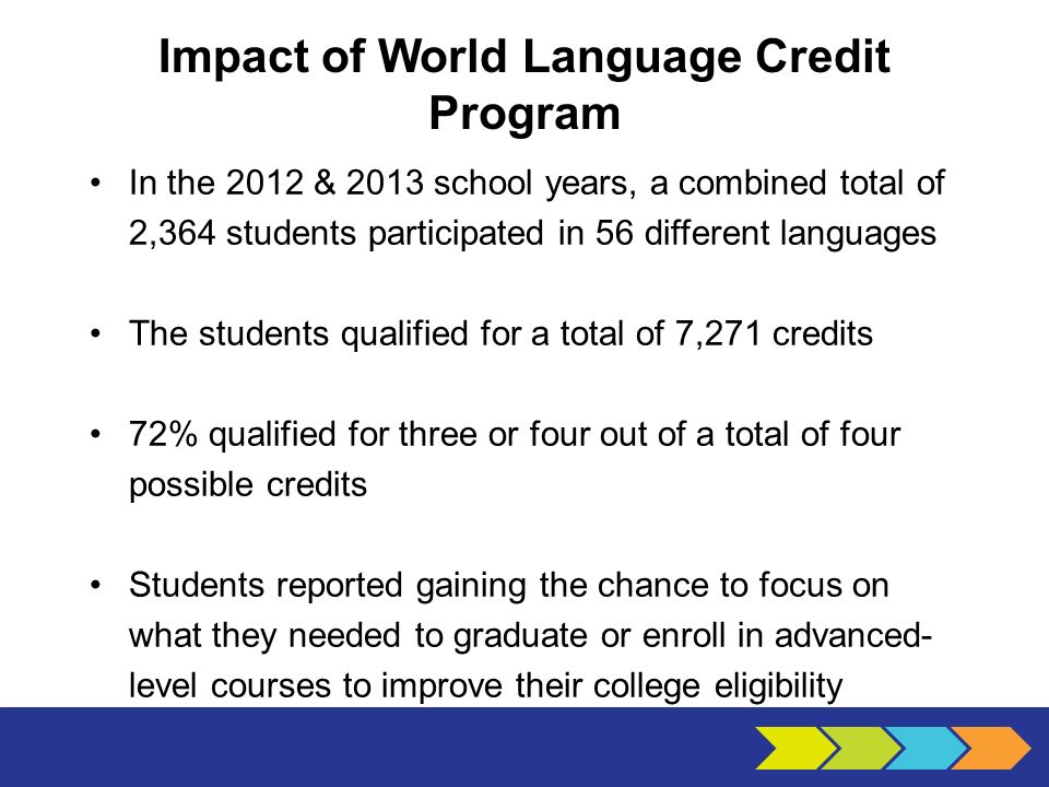 Impact of World Language Credit Program In the 2012 & 2013 school years, a combined total of 2,364 students participated in 56 different languages The students qualified for a total of 7,271 credits 72% qualified for three or four out of a total of four possible credits Students reported gaining the chance to focus on what they needed to graduate or enroll in advanced- level courses to improve their college eligibility