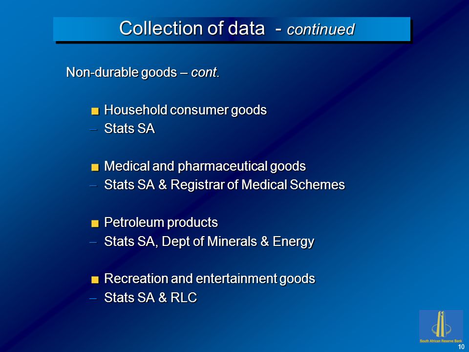 Collection of data - continued Non-durable goods – cont.