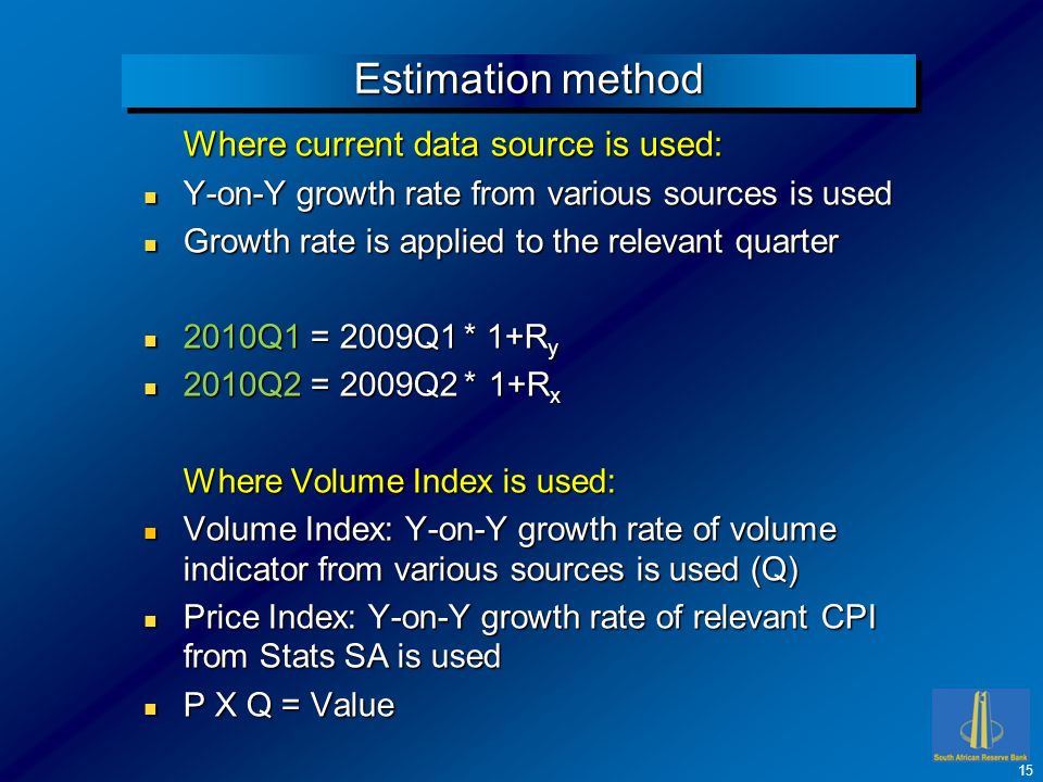 Estimation method Where current data source is used: n Y-on-Y growth rate from various sources is used n Growth rate is applied to the relevant quarter n 2010Q1 = 2009Q1 * 1+R y n 2010Q2 = 2009Q2 * 1+R x Where Volume Index is used: n Volume Index: Y-on-Y growth rate of volume indicator from various sources is used (Q) n Price Index: Y-on-Y growth rate of relevant CPI from Stats SA is used n P X Q = Value 15