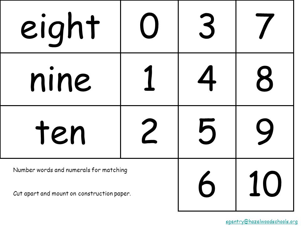 eight nine ten Number words and numerals for matching Cut apart and mount on construction paper.