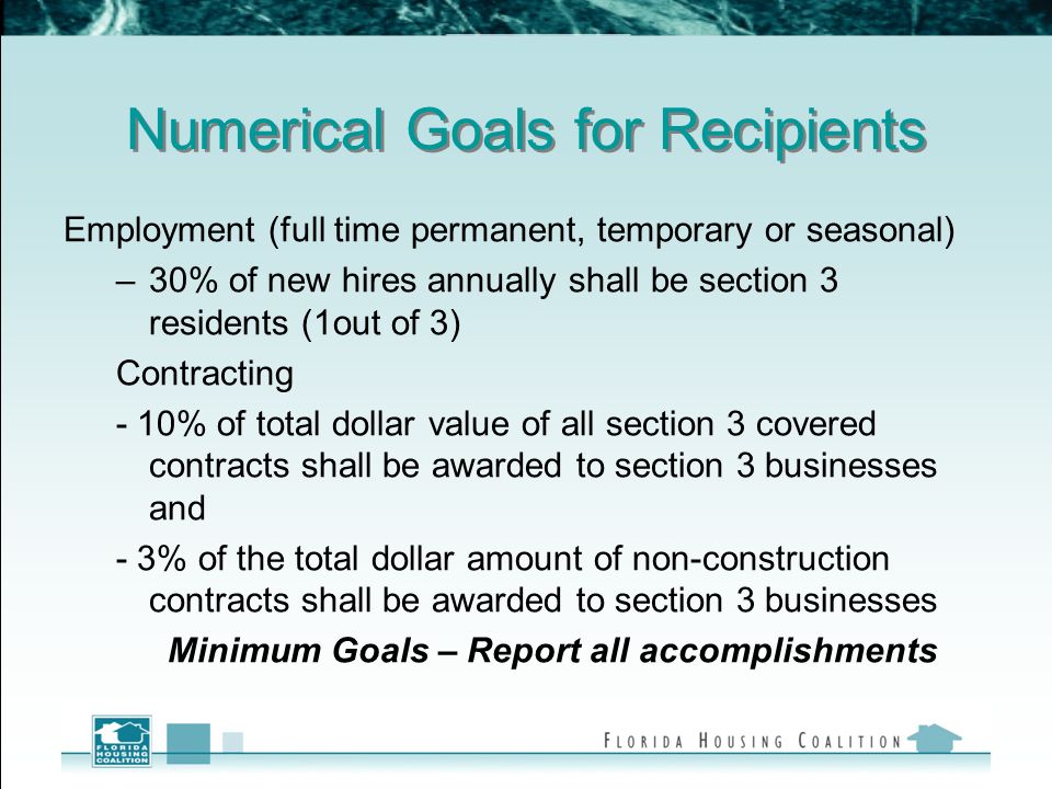 Numerical Goals for Recipients Employment (full time permanent, temporary or seasonal) –30% of new hires annually shall be section 3 residents (1out of 3) Contracting - 10% of total dollar value of all section 3 covered contracts shall be awarded to section 3 businesses and - 3% of the total dollar amount of non-construction contracts shall be awarded to section 3 businesses Minimum Goals – Report all accomplishments