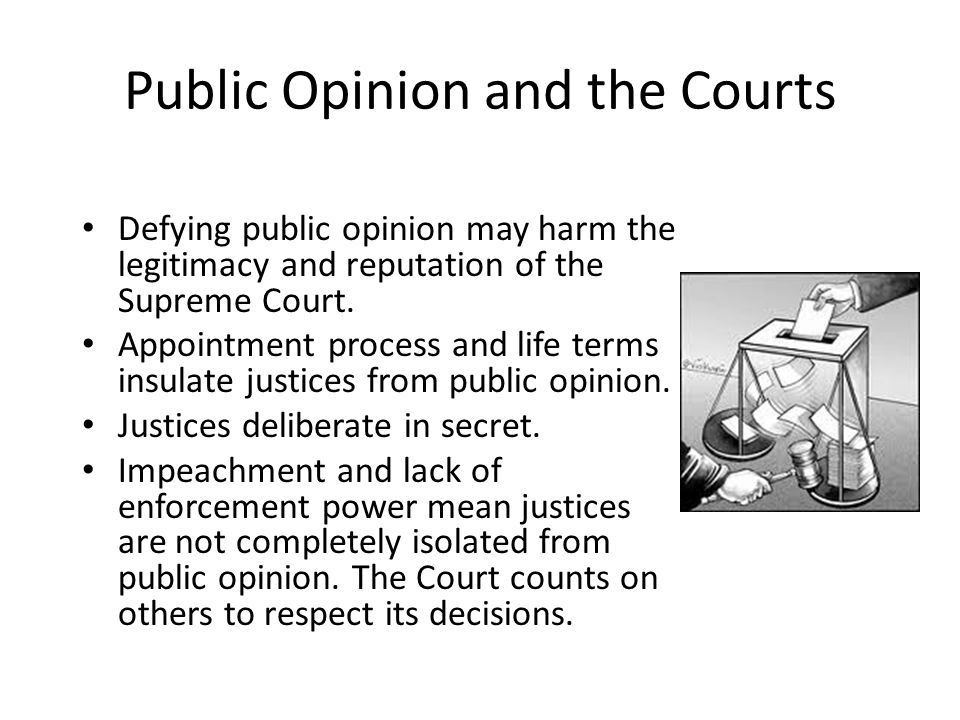Public Opinion and the Courts Defying public opinion may harm the legitimacy and reputation of the Supreme Court.