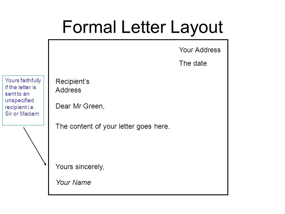 Formal Letter Layout Your Address The date Dear Mr Green, Recipient’s Address The content of your letter goes here.