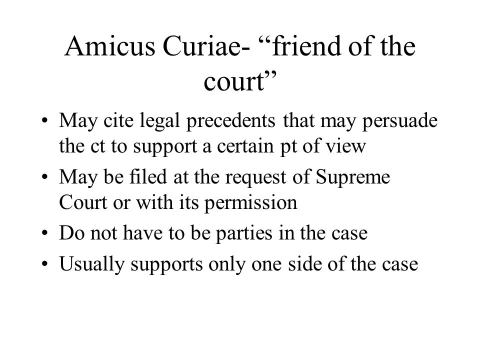 Amicus Curiae- friend of the court May cite legal precedents that may persuade the ct to support a certain pt of view May be filed at the request of Supreme Court or with its permission Do not have to be parties in the case Usually supports only one side of the case