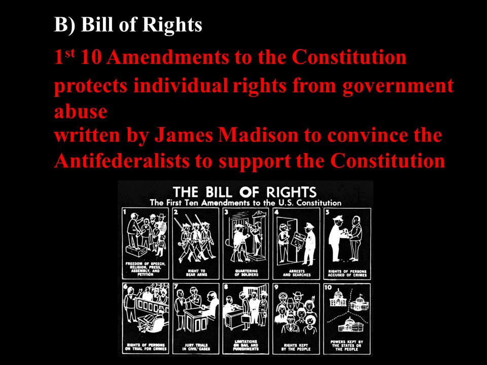 B) Bill of Rights 1 st 10 Amendments to the Constitution protects individual rights from government abuse written by James Madison to convince the Antifederalists to support the Constitution
