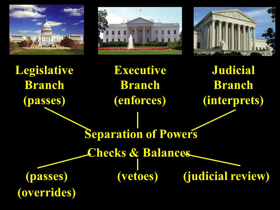 Legislative Branch (passes) Executive Branch (enforces) Judicial Branch (interprets) Separation of Powers (passes)(vetoes) (overrides) (judicial review) Checks & Balances