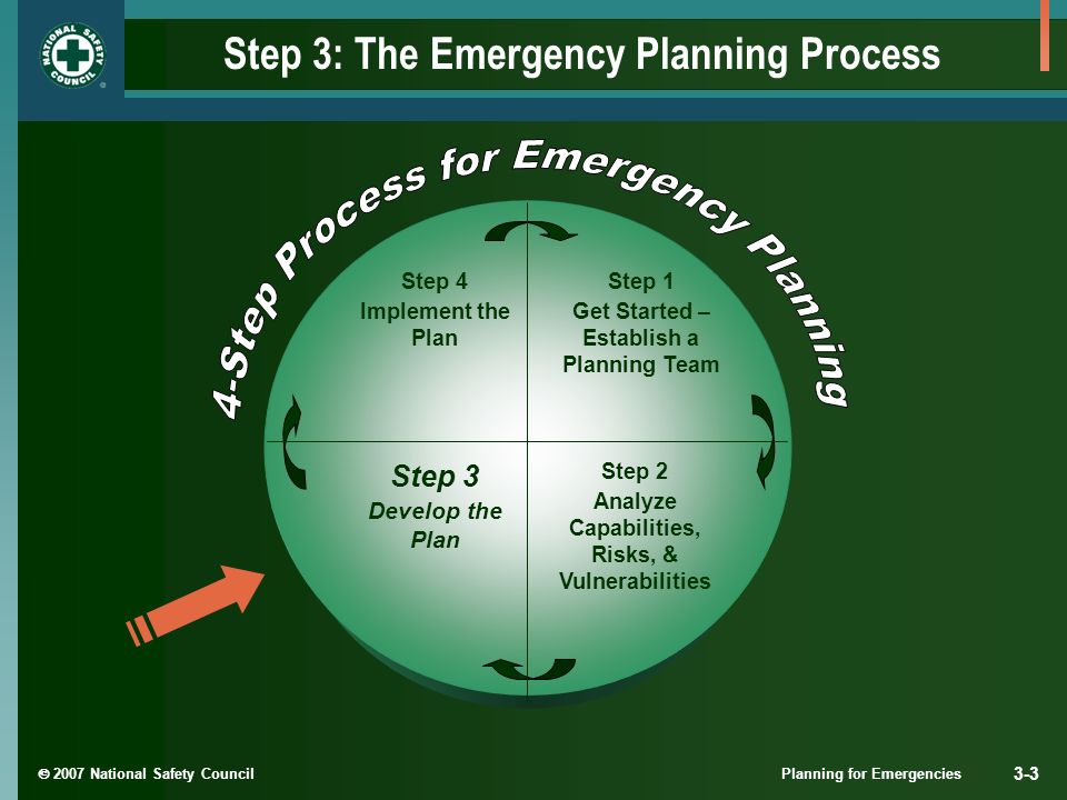  2007 National Safety Council Planning for Emergencies 3-3 Step 3: The Emergency Planning Process Step 1 Get Started – Establish a Planning Team Step 2 Analyze Capabilities, Risks, & Vulnerabilities Step 3 Develop the Plan Step 4 Implement the Plan