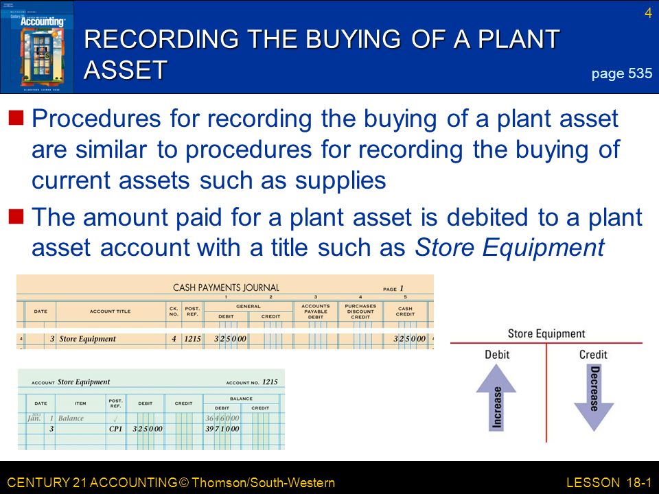 CENTURY 21 ACCOUNTING © Thomson/South-Western RECORDING THE BUYING OF A PLANT ASSET Procedures for recording the buying of a plant asset are similar to procedures for recording the buying of current assets such as supplies The amount paid for a plant asset is debited to a plant asset account with a title such as Store Equipment 4 LESSON 18-1 page 535