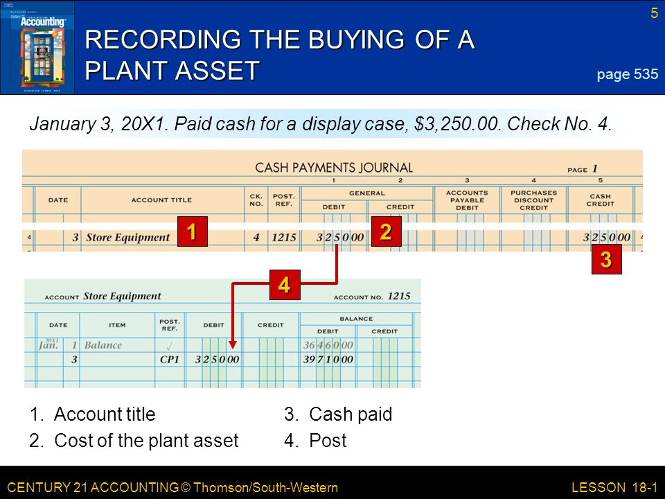 CENTURY 21 ACCOUNTING © Thomson/South-Western 5 LESSON 18-1 RECORDING THE BUYING OF A PLANT ASSET 12 3 page 535 January 3, 20X1.