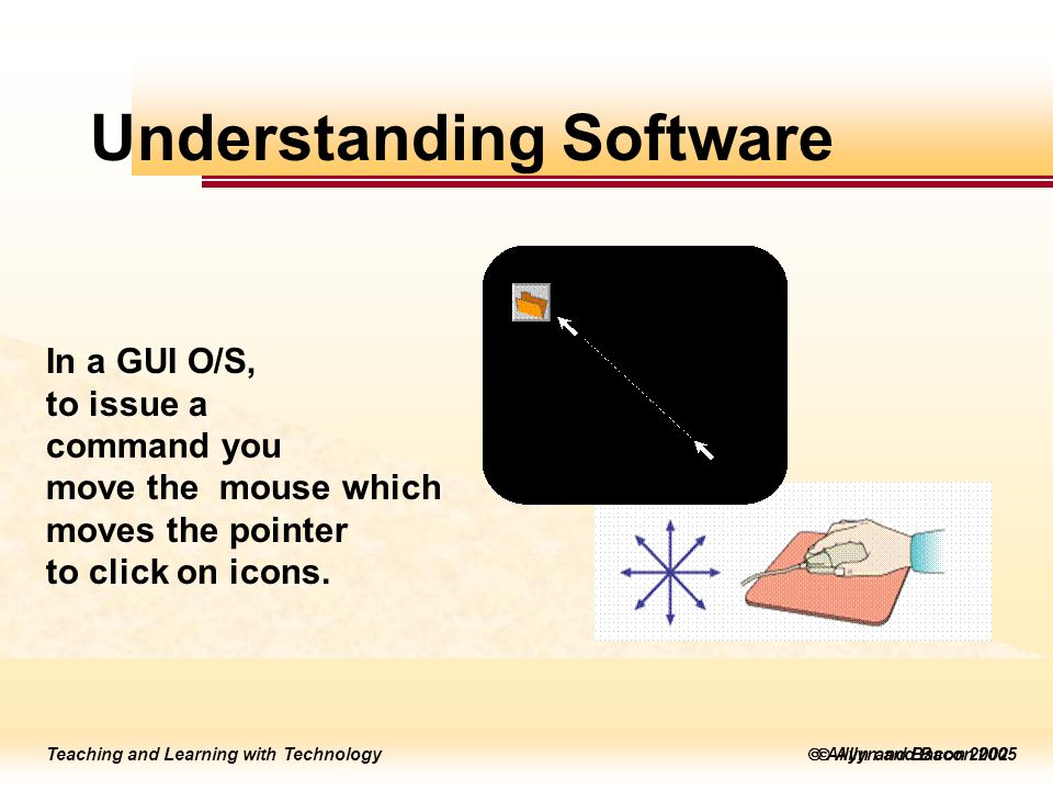 Teaching and Learning with Technology  Allyn and Bacon 2005 Teaching and Learning with Technology  Allyn and Bacon 2002 Understanding Software In a GUI O/S, to issue a command you move the mouse which moves the pointer to click on icons.
