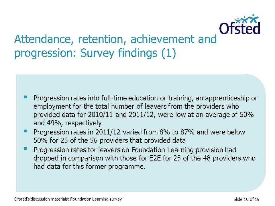 Slide 10 of 19 Attendance, retention, achievement and progression: Survey findings (1) Ofsted’s discussion materials: Foundation Learning survey  Progression rates into full-time education or training, an apprenticeship or employment for the total number of leavers from the providers who provided data for 2010/11 and 2011/12, were low at an average of 50% and 49%, respectively  Progression rates in 2011/12 varied from 8% to 87% and were below 50% for 25 of the 56 providers that provided data  Progression rates for leavers on Foundation Learning provision had dropped in comparison with those for E2E for 25 of the 48 providers who had data for this former programme.