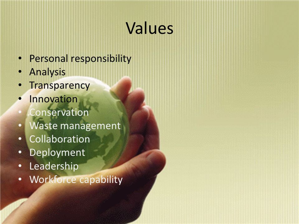 Values Personal responsibility Analysis Transparency Innovation Conservation Waste management Collaboration Deployment Leadership Workforce capability