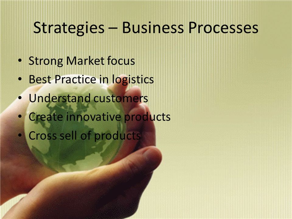 Strategies – Business Processes Strong Market focus Best Practice in logistics Understand customers Create innovative products Cross sell of products