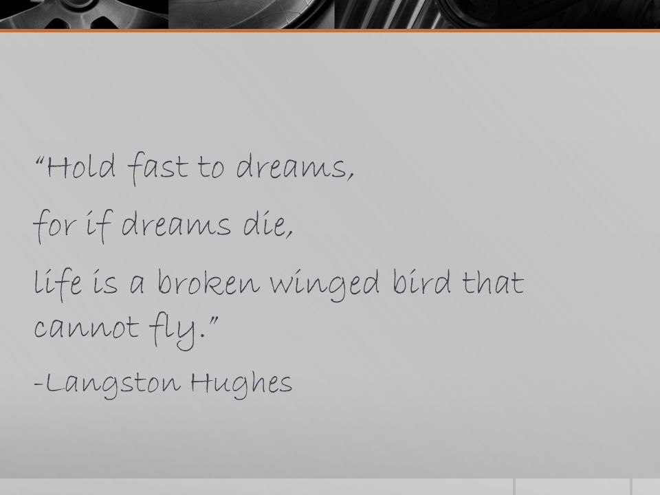 Hold fast to dreams, for if dreams die, life is a broken winged bird that cannot fly. -Langston Hughes