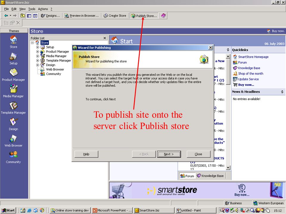 To publish site onto the server click Publish store