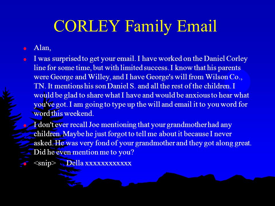 CORLEY Family  l Dear Alan, l It appears that your ancestor, Daniel CORLEY, may have been my Celeta CORLEY s father.