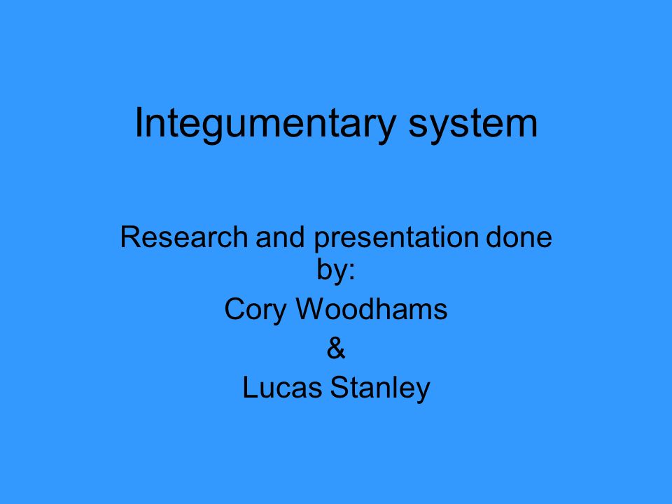 Integumentary system Research and presentation done by: Cory Woodhams & Lucas Stanley