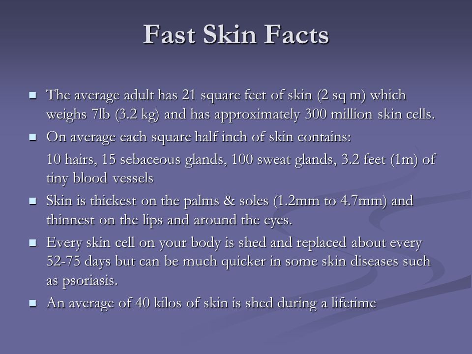 Fast Skin Facts The average adult has 21 square feet of skin (2 sq m) which weighs 7lb (3.2 kg) and has approximately 300 million skin cells.