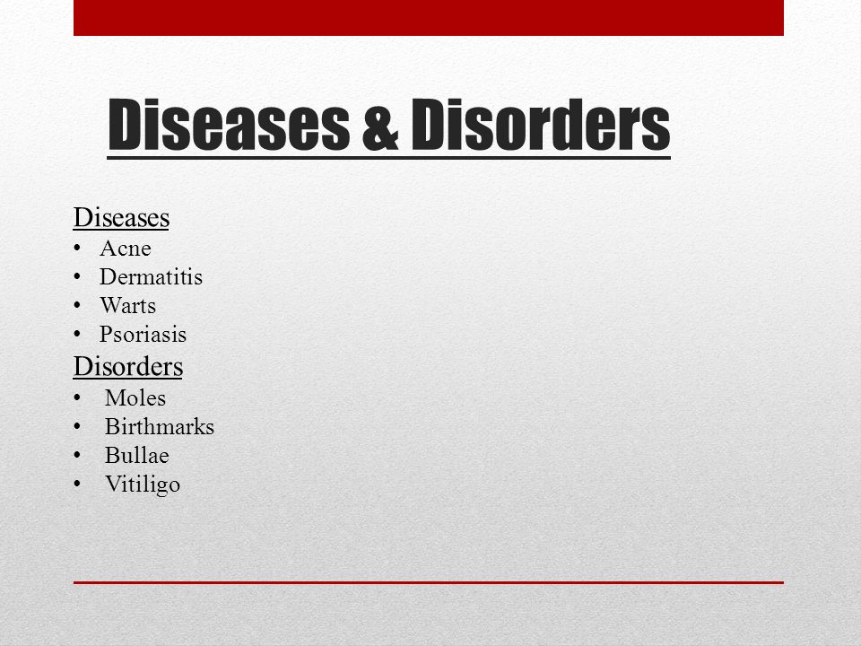 Diseases & Disorders Diseases Acne Dermatitis Warts Psoriasis Disorders Moles Birthmarks Bullae Vitiligo