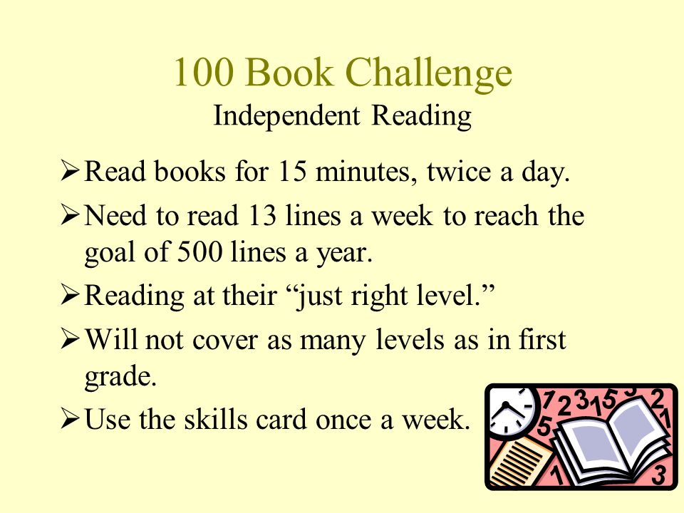 100 Book Challenge Independent Reading  Read books for 15 minutes, twice a day.