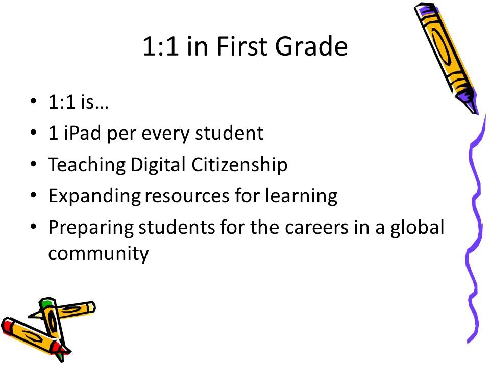 1:1 in First Grade 1:1 is… 1 iPad per every student Teaching Digital Citizenship Expanding resources for learning Preparing students for the careers in a global community