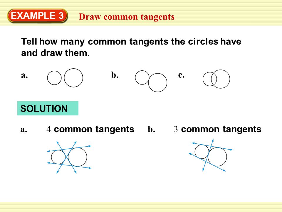 Warm-Up Exercises EXAMPLE 3 Draw common tangents Tell how many common tangents the circles have and draw them.