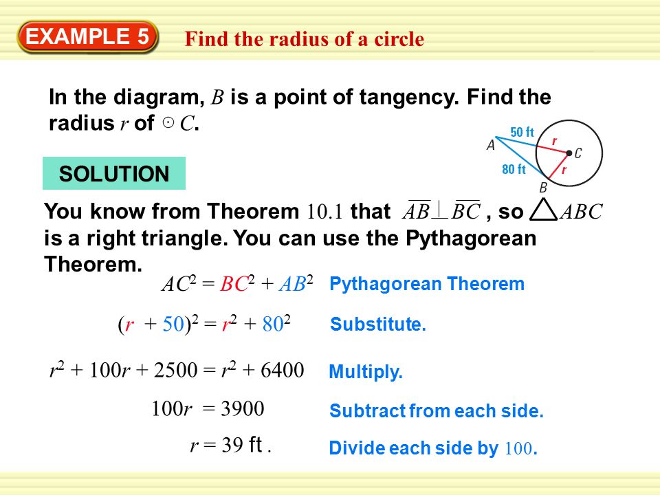 Warm-Up Exercises EXAMPLE 5 Find the radius of a circle In the diagram, B is a point of tangency.