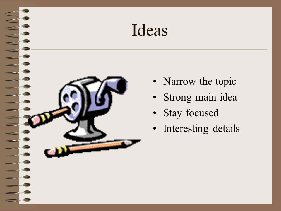 Ideas Narrow the topic Strong main idea Stay focused Interesting details