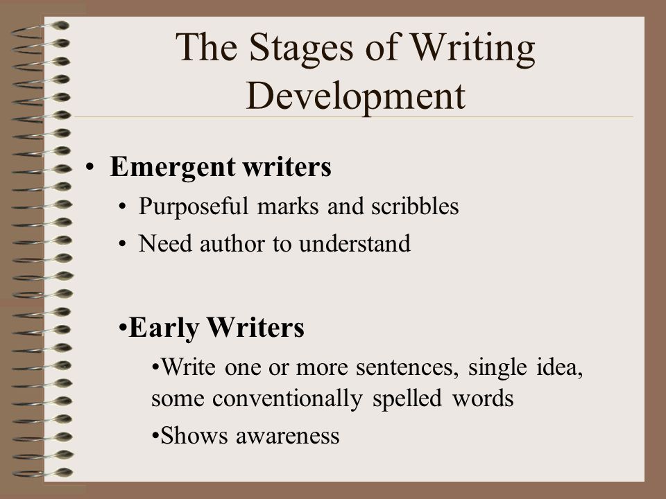Emergent writers Purposeful marks and scribbles Need author to understand Early Writers Write one or more sentences, single idea, some conventionally spelled words Shows awareness