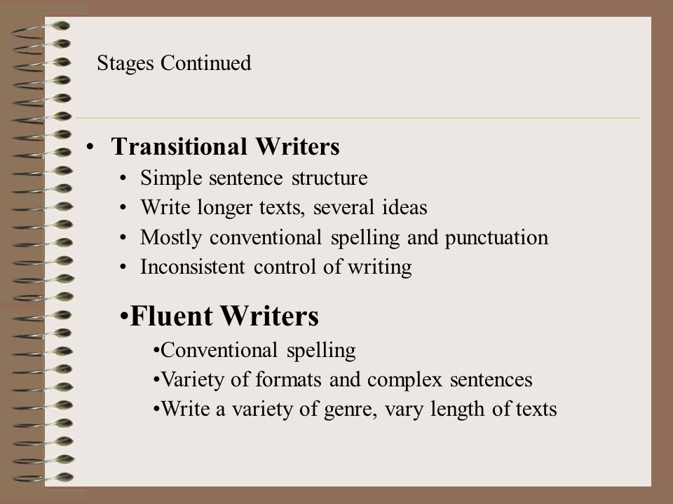 Transitional Writers Simple sentence structure Write longer texts, several ideas Mostly conventional spelling and punctuation Inconsistent control of writing Stages Continued Fluent Writers Conventional spelling Variety of formats and complex sentences Write a variety of genre, vary length of texts