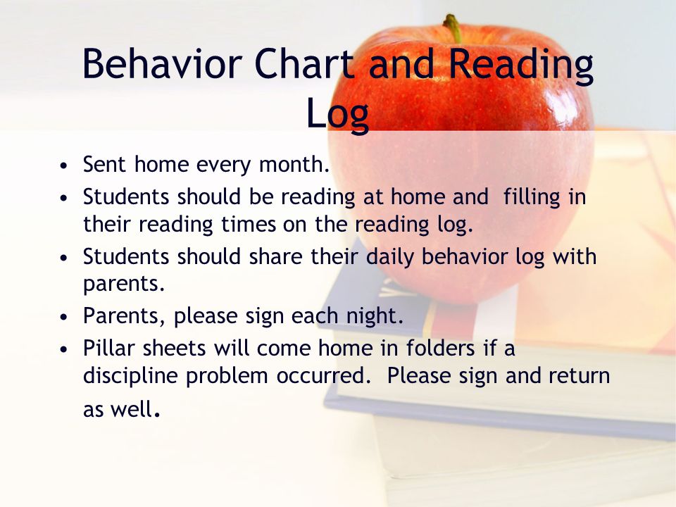 Behavior Chart and Reading Log Sent home every month.