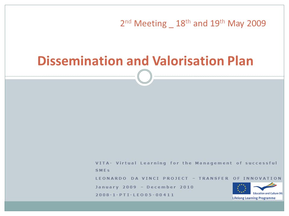 VITA- Virtual Learning for the Management of successful SMEs LEONARDO DA VINCI PROJECT – TRANSFER OF INNOVATION January 2009 – December PTI-LEO nd Meeting _ 18 th and 19 th May 2009 Dissemination and Valorisation Plan