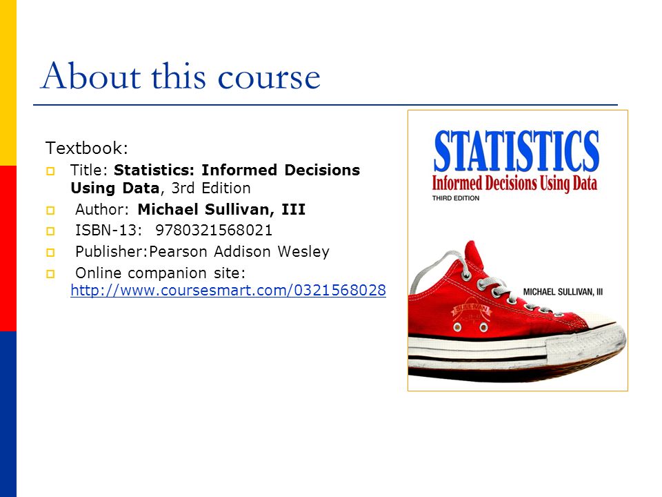 About this course Textbook:  Title: Statistics: Informed Decisions Using Data, 3rd Edition  Author: Michael Sullivan, III  ISBN-13:  Publisher:Pearson Addison Wesley  Online companion site: